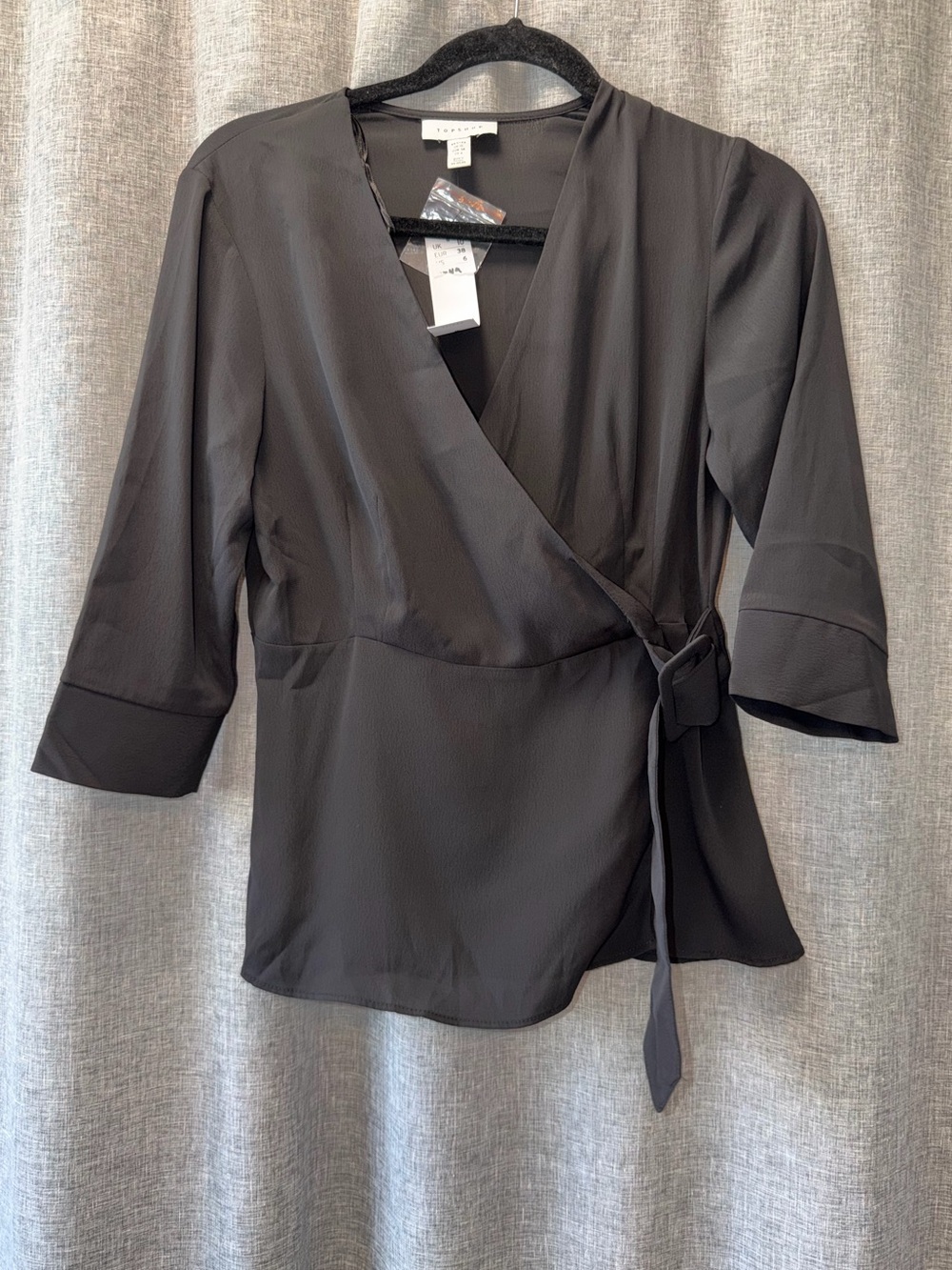 Topshop Black Wrap Blouse - Tie Waist, 3/4 Sleeve size 6